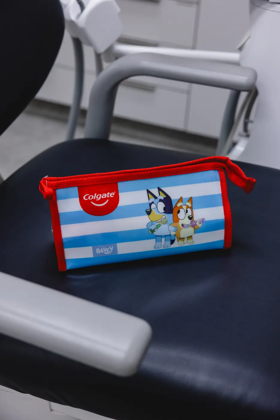 A Bluey and Bingo toothbrush pouch resting on the seat of a dental chair