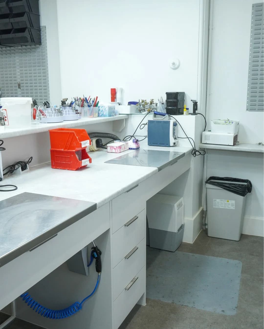 The benches in the Dental Spot lab, upstairs from the clinic